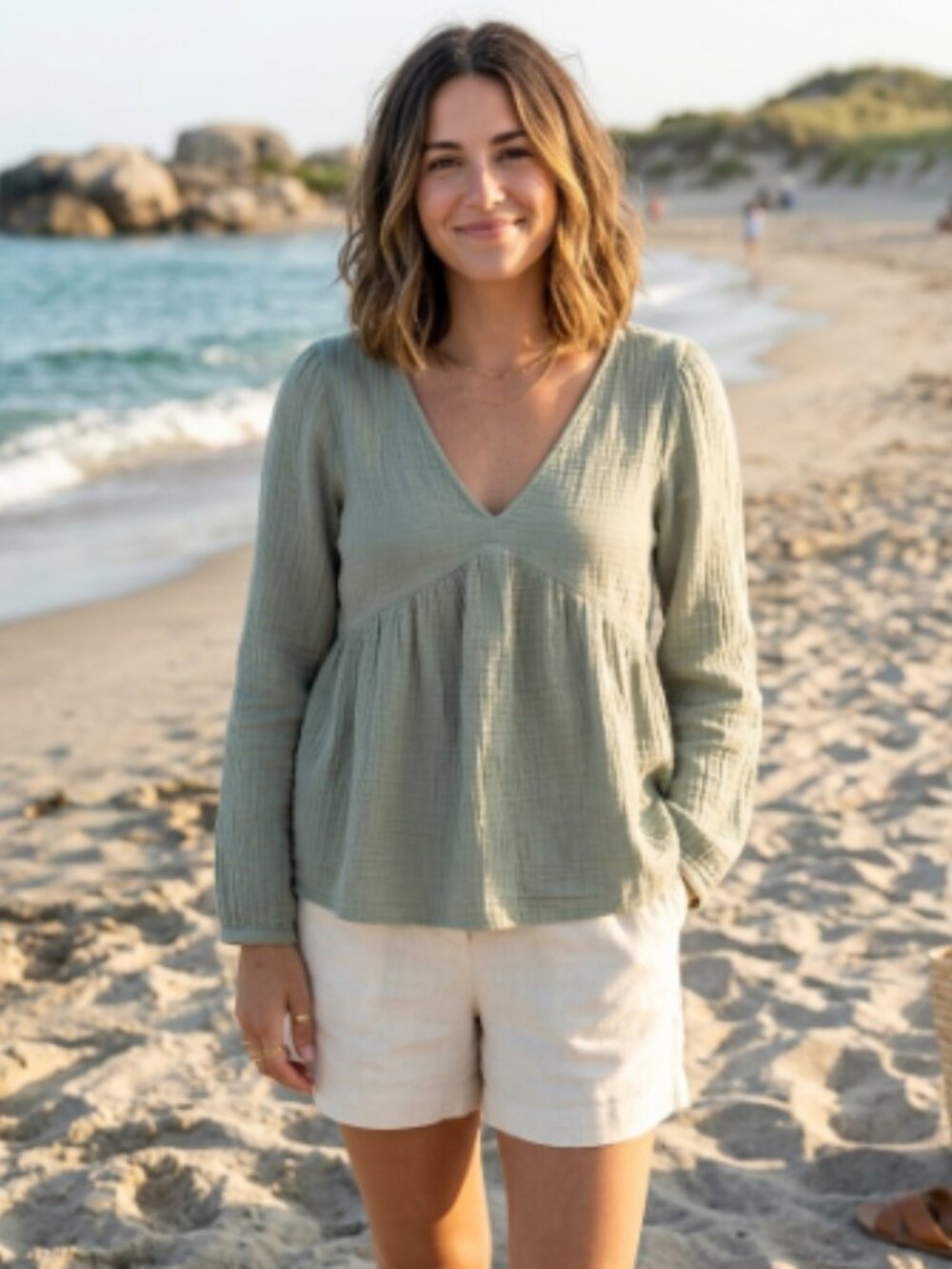 Madewell Lucie Lightspun Gauze Smocked Peplum V-Neck Top Sage Green XS